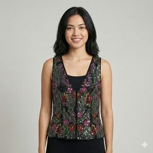 Laurence Kazar Black Blouse with Colorful Embellishments